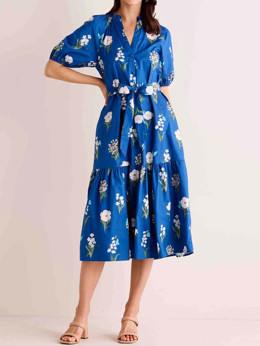 Floral Print Band Collar Belted Dress