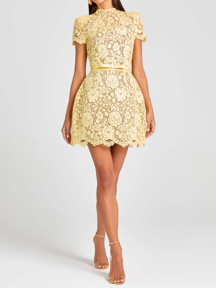 Elegant Lace Bow Belted Mini Dress