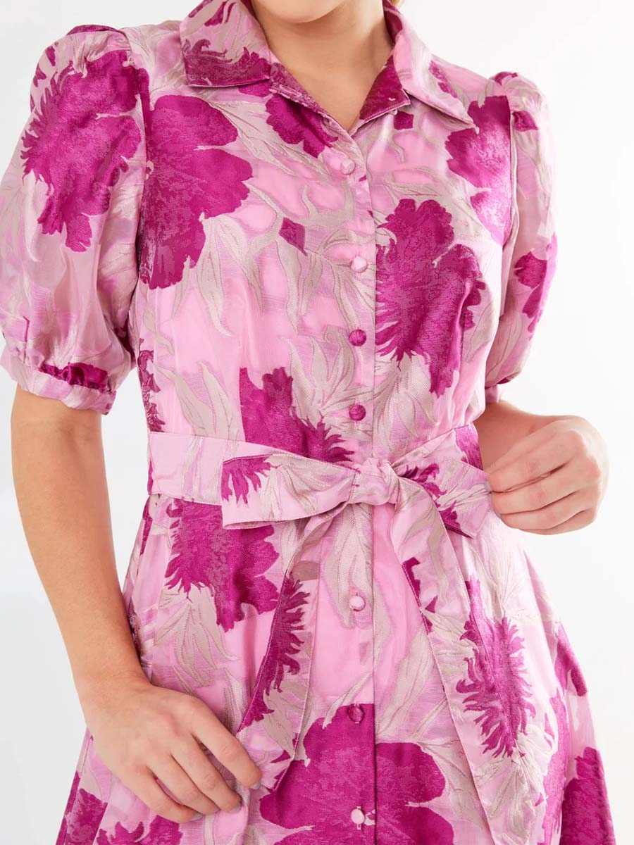 Elegant Printed Short Sleeve Belted Dress