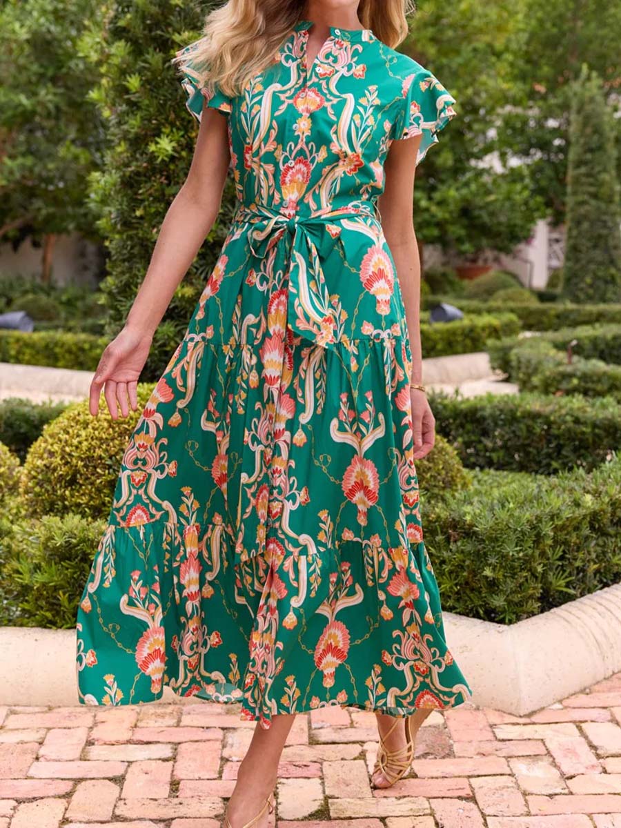 Floral Ruffled Sleeve Belted Maxi Dress