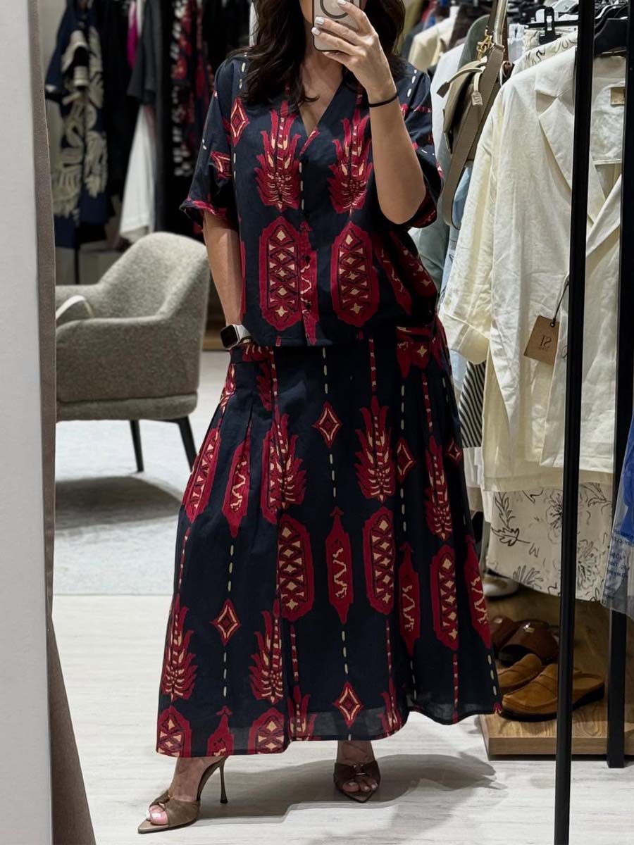 Printed V Neck Loose Two Pieces Set
