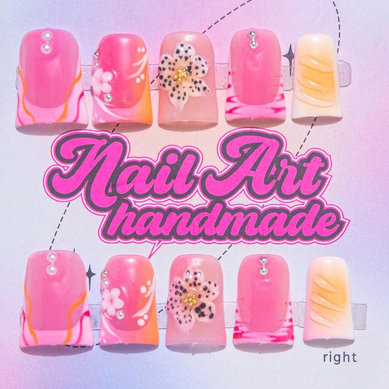 Y2K Style Rhinestone & Faux Pearl Decor Fake Nails, 10pcs/set Fashion Press On Nails For Women & Girls DIY Nail Art Beauty Products, Nail Charms