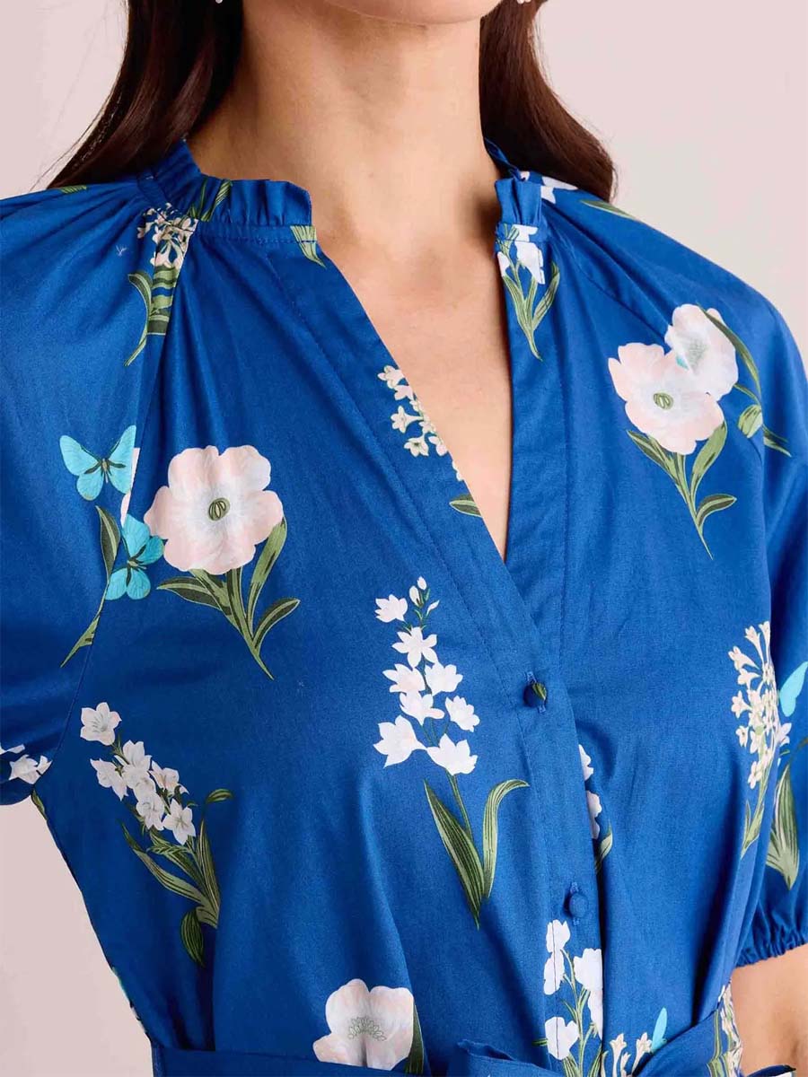 Floral Print Band Collar Belted Dress