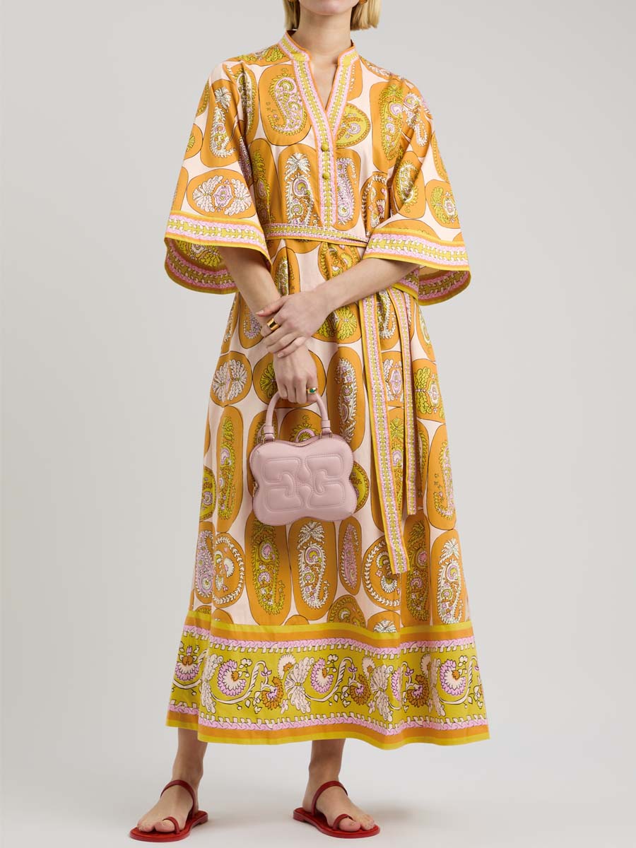 Printed Belted V Neck Maxi Dress