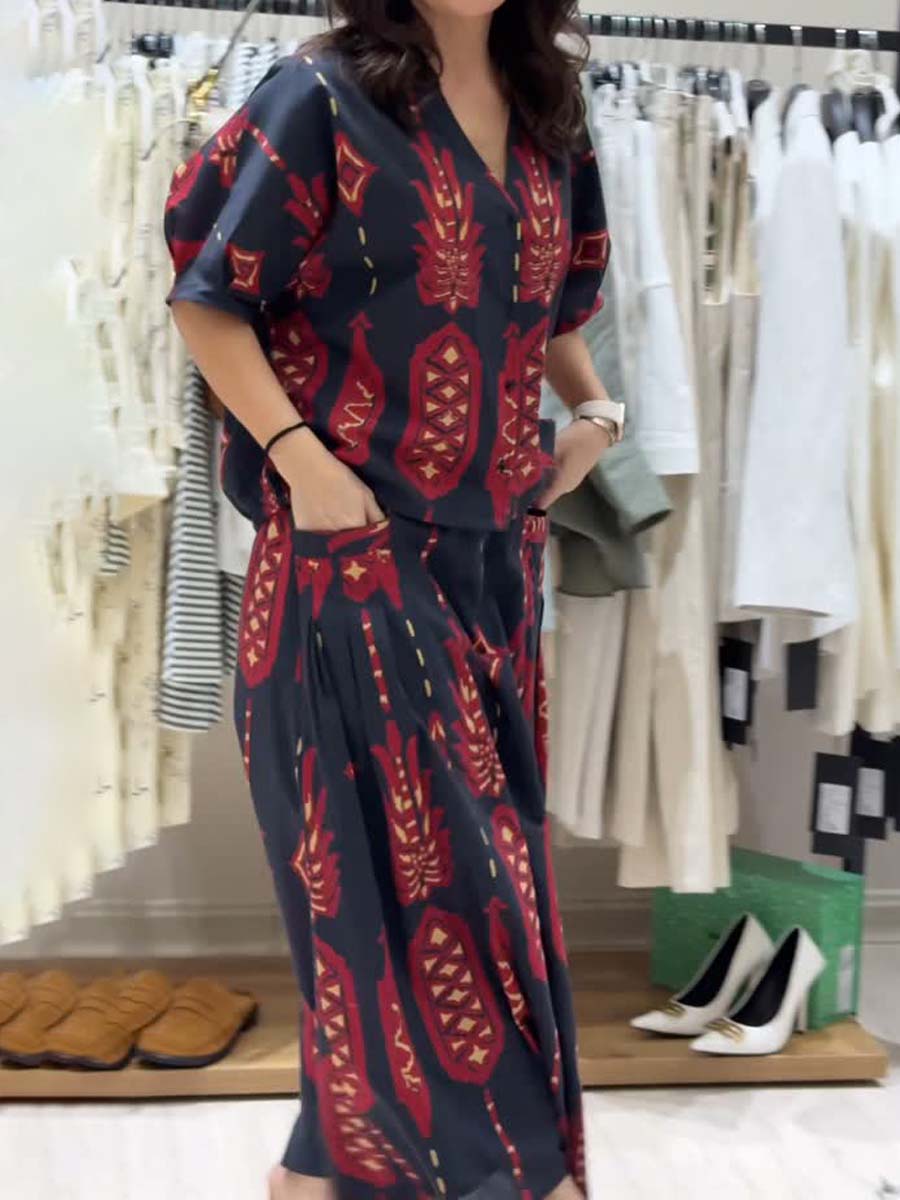 Printed V Neck Loose Two Pieces Set