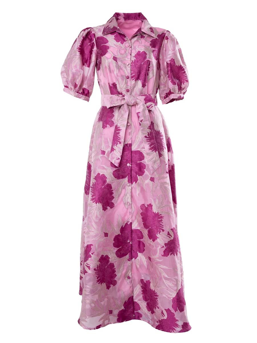 Elegant Printed Short Sleeve Belted Dress