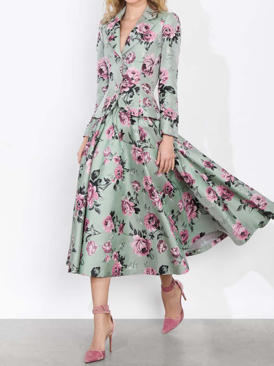Elegant Floral Print High Waist Blazer & Skirts