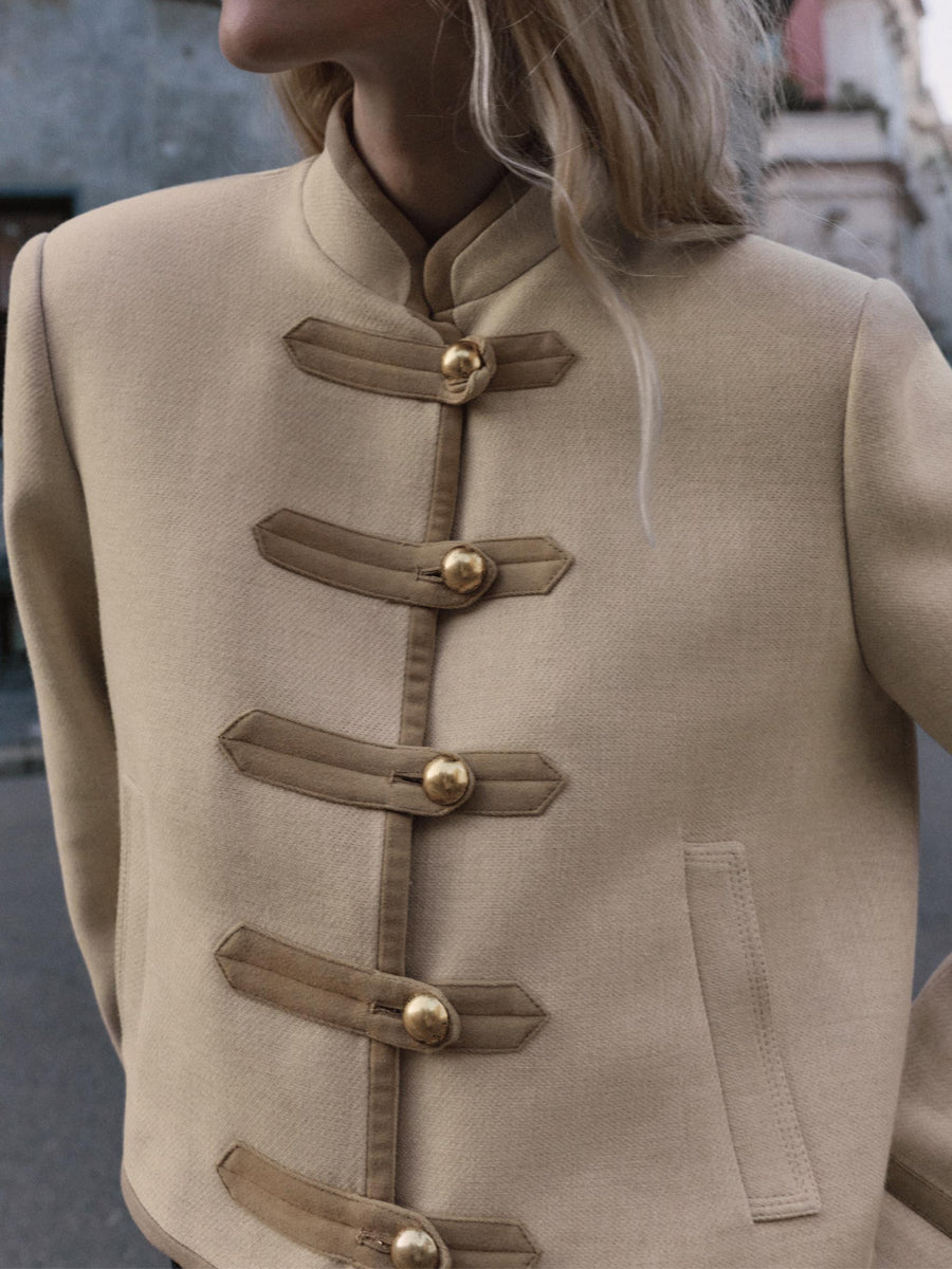 High Neck Shoulder Pads Contrasting Trim Jacket