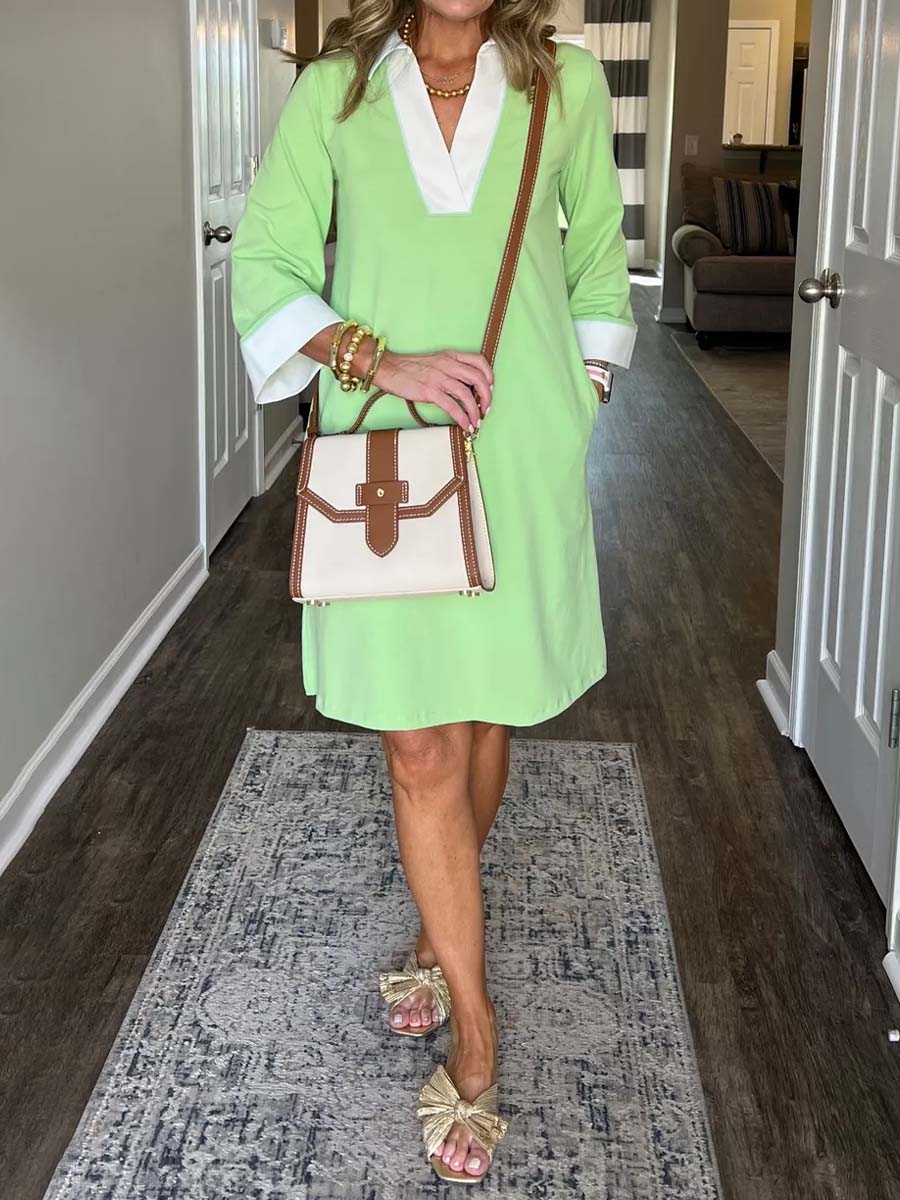 Contrast Collar V-neck Side Slit Dress