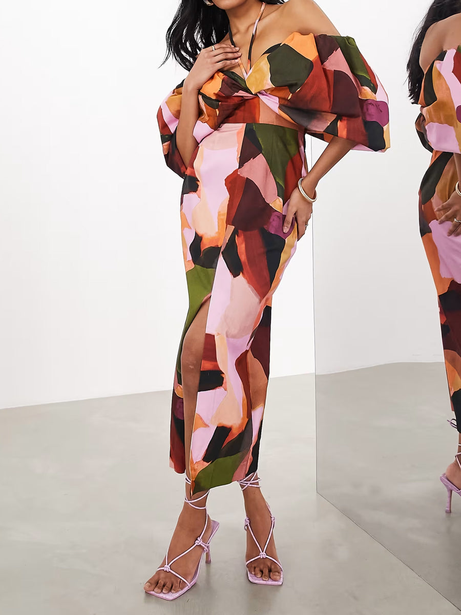 Printed Bow Tie Neck Detail Dress