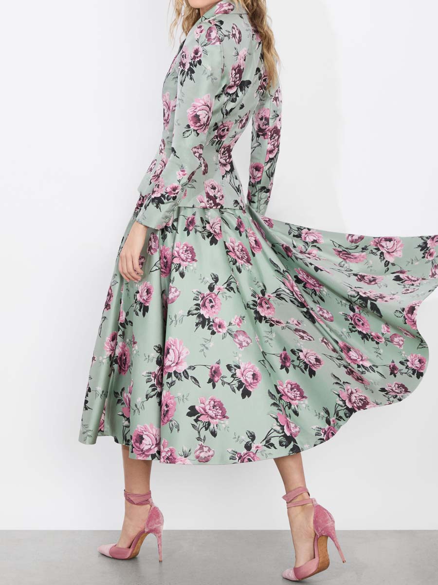 Elegant Floral Print High Waist Blazer & Skirts