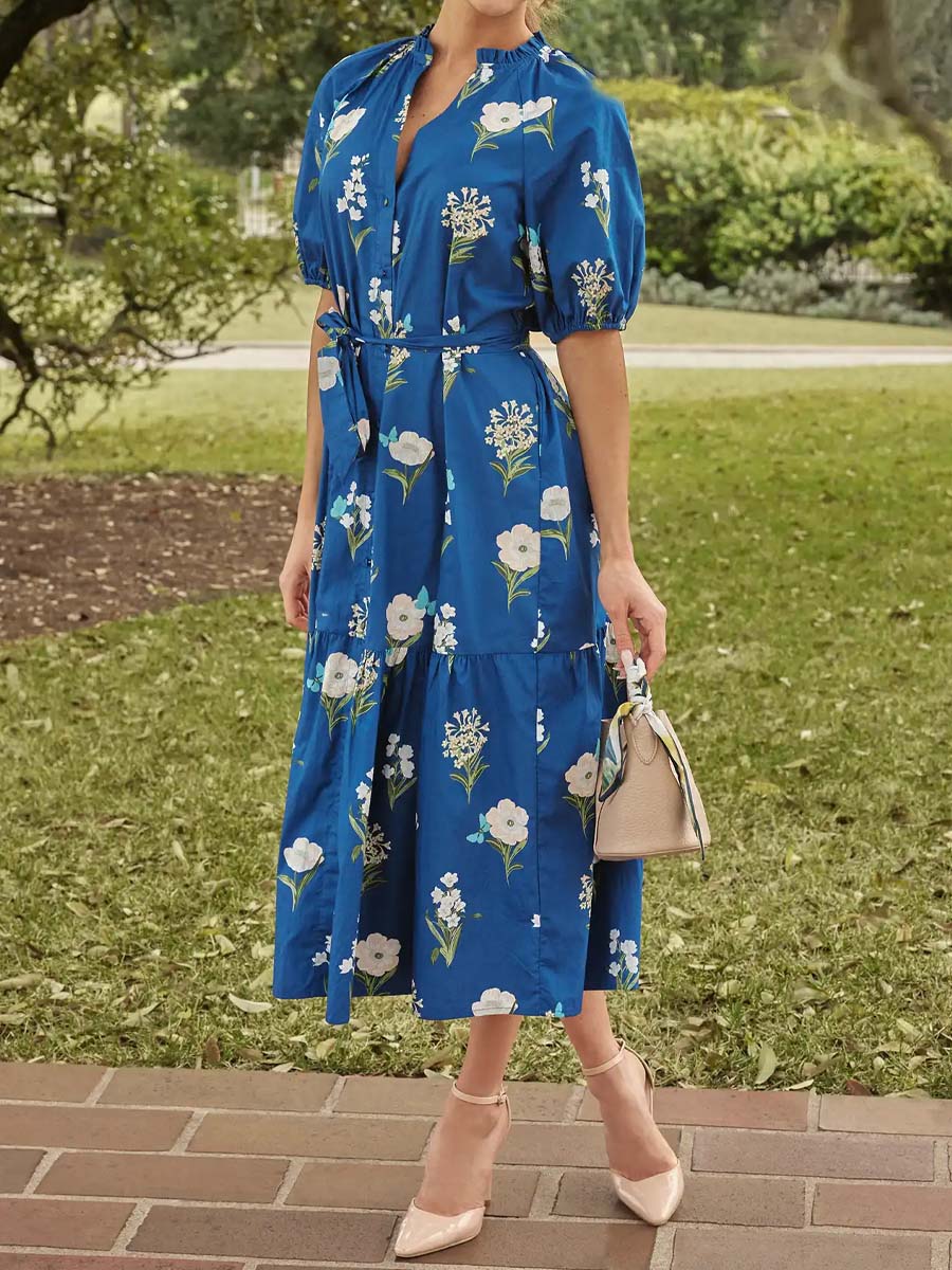 Floral Print Band Collar Belted Dress