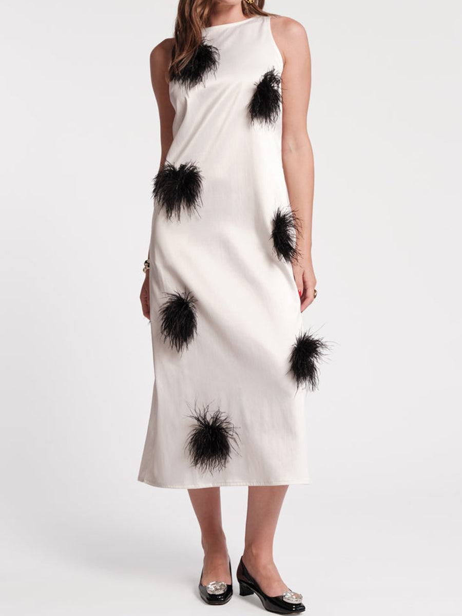 Faux-Feather Poof Accents Maxi Dress