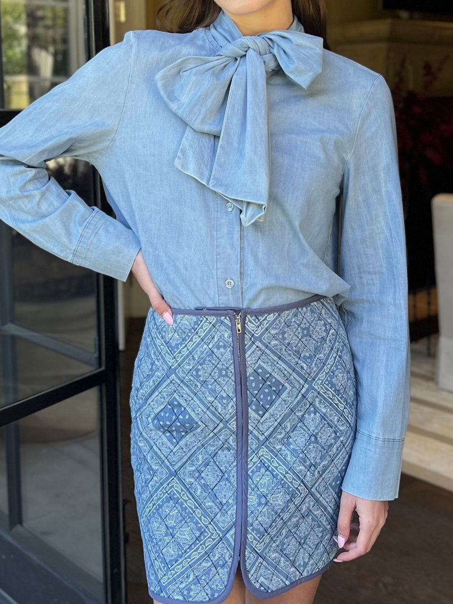 Denim Blouse With Bow Style Neck