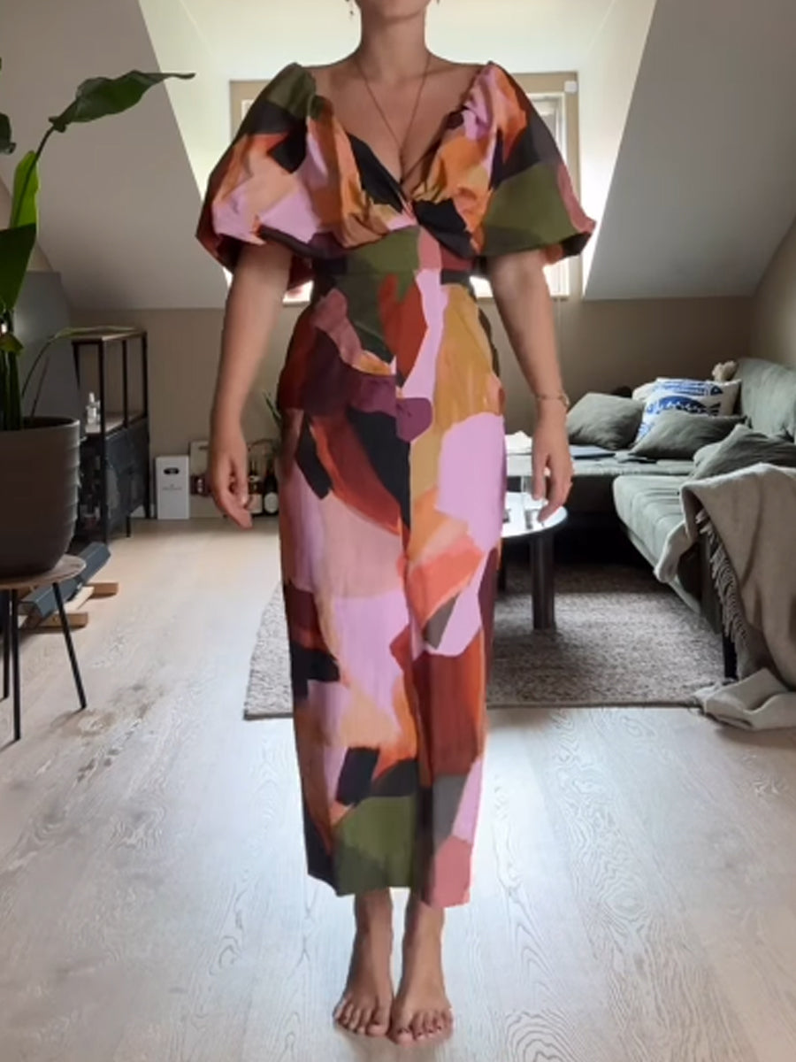 Printed Bow Tie Neck Detail Dress
