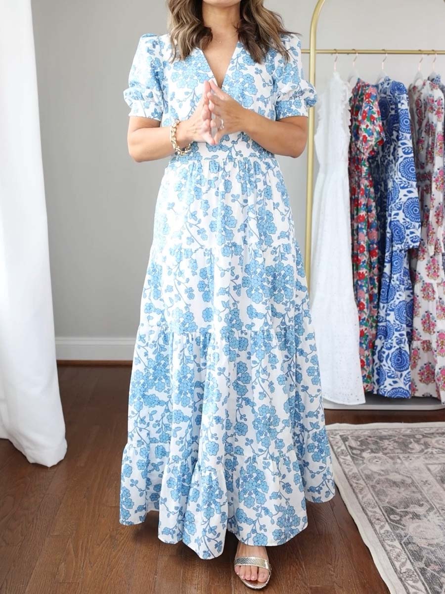 Printed V Neck Puff Sleeve Maxi Dress