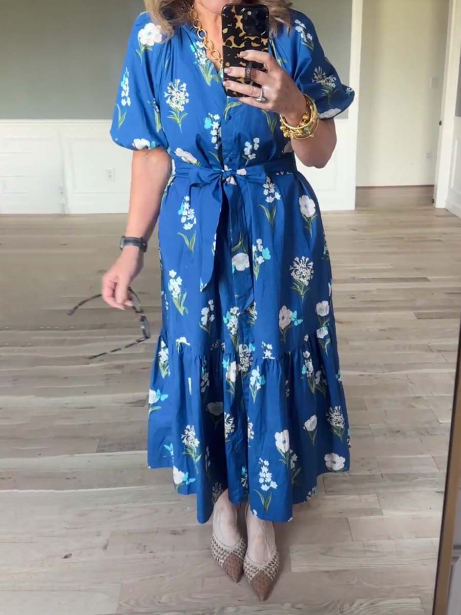 Floral Print Band Collar Belted Dress