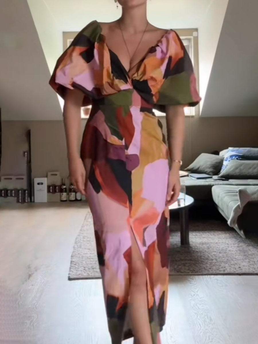 Printed Bow Tie Neck Detail Dress