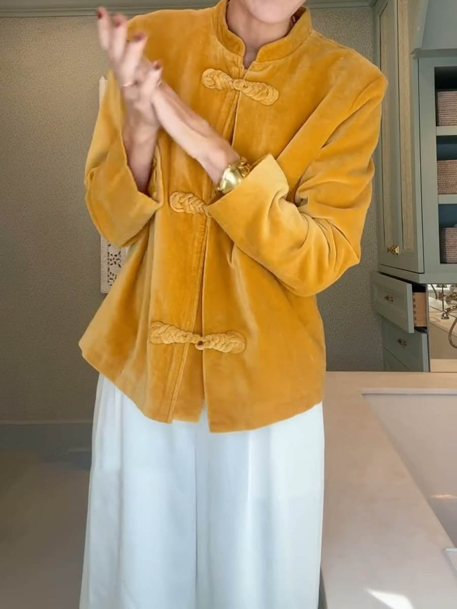 Mandarin Collar Knot Frog Slosures Velvet Jacket