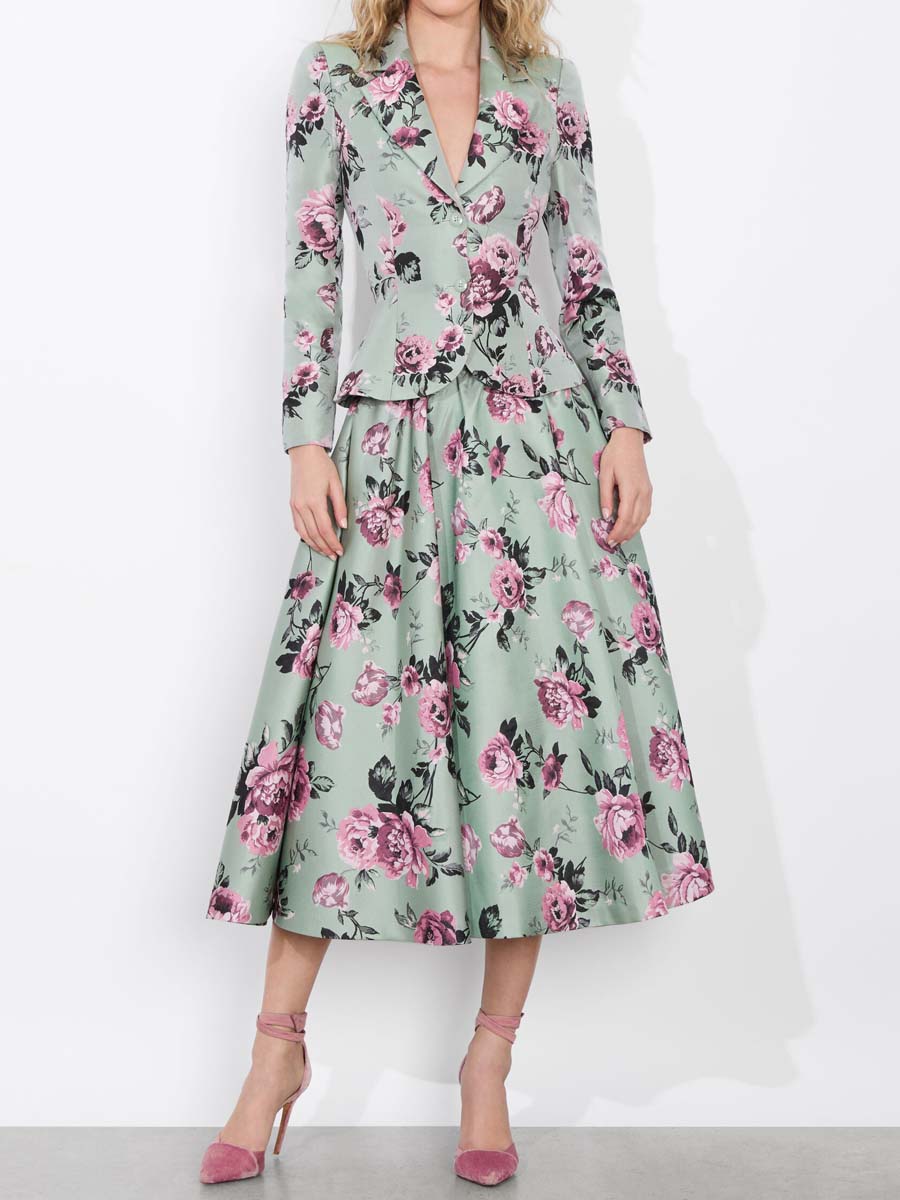 Elegant Floral Print High Waist Blazer & Skirts