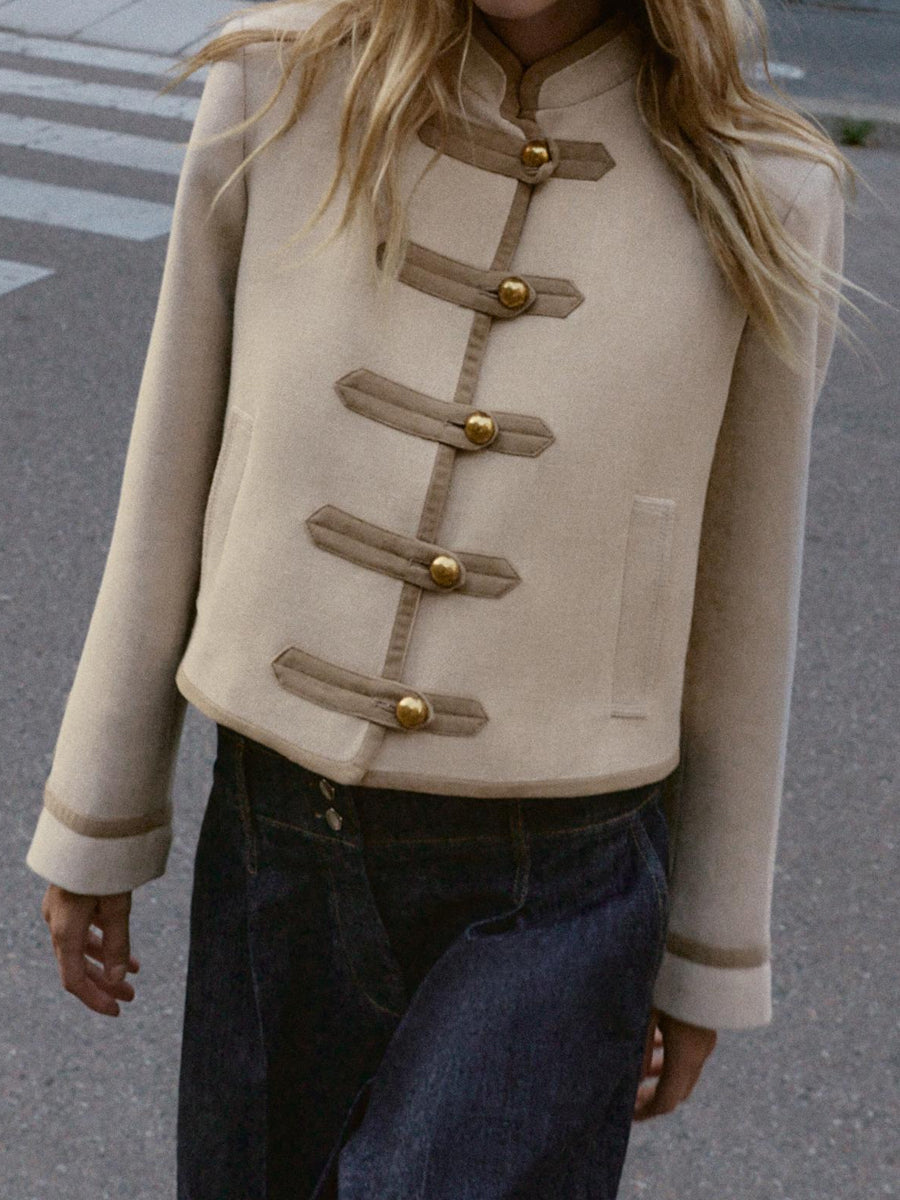 High Neck Shoulder Pads Contrasting Trim Jacket