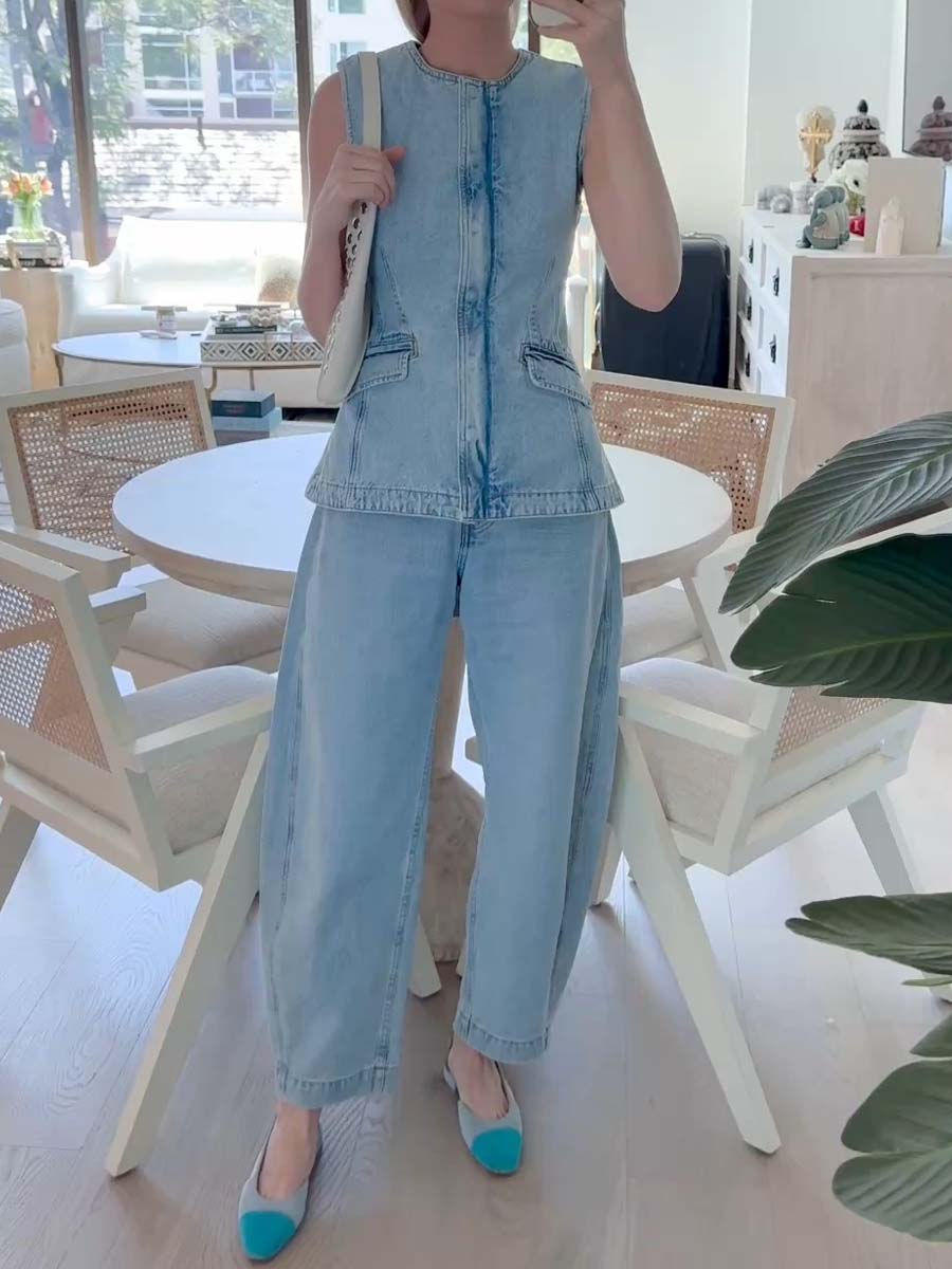 Denim Sleeveless Top & Barrel Leg Jeans