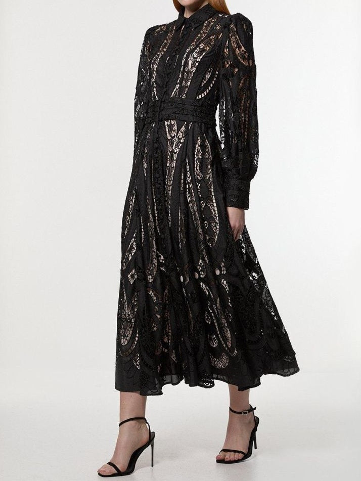 Cutwork Balloon Sleeve Woven Maxi Dress