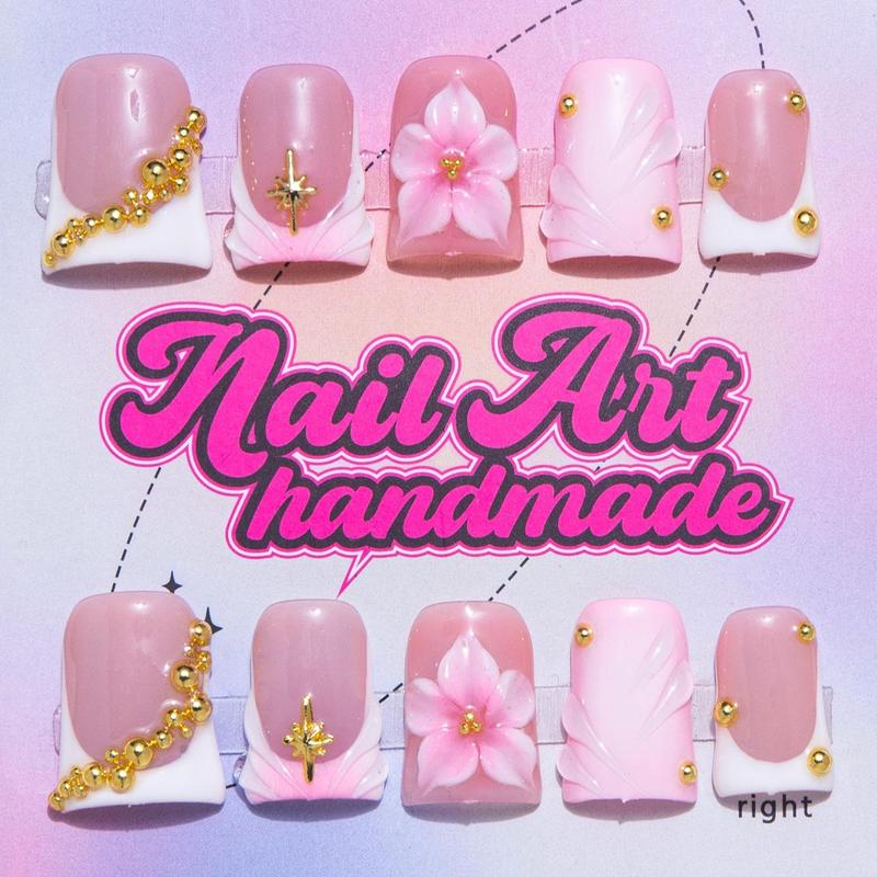 Y2K Style Rhinestone & Faux Pearl Decor Fake Nails, 10pcs/set Fashion Press On Nails For Women & Girls DIY Nail Art Beauty Products, Nail Charms