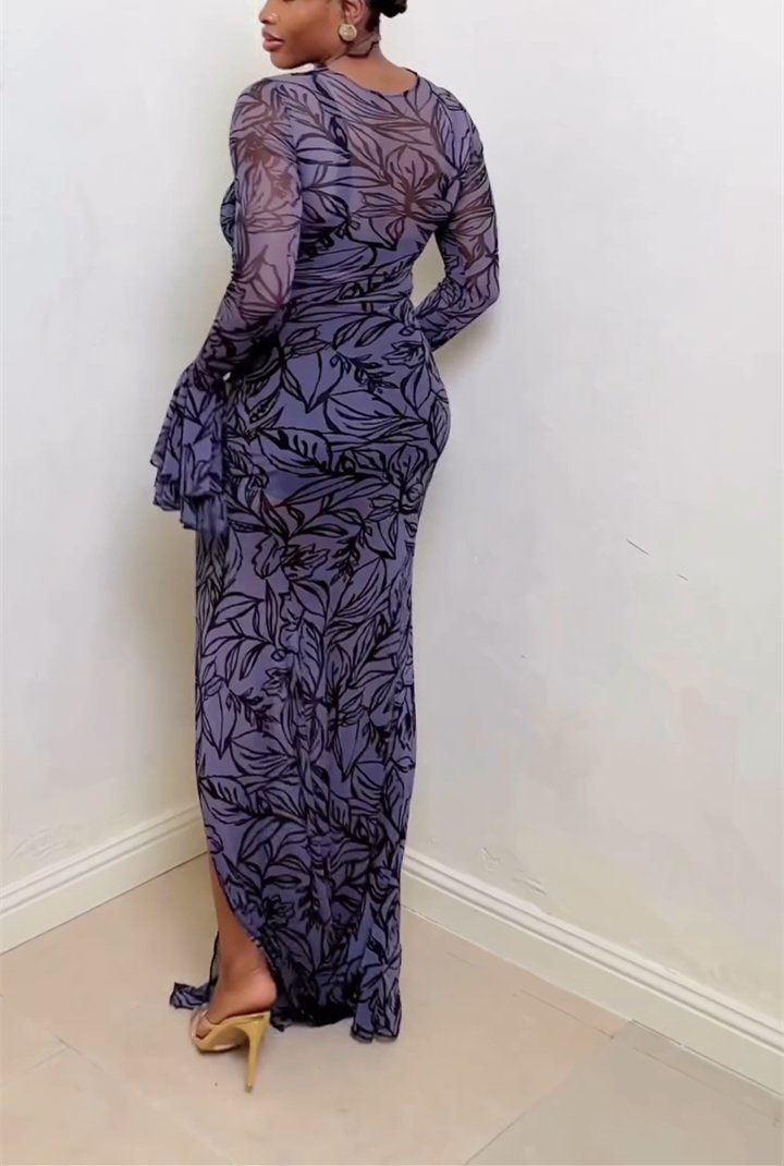 Flared Sleeve Slim Split Maxi Dress