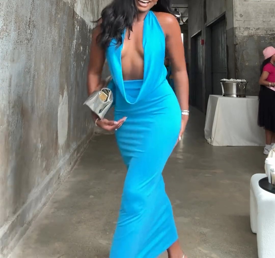Blue Backless Deep V Maxi Dress