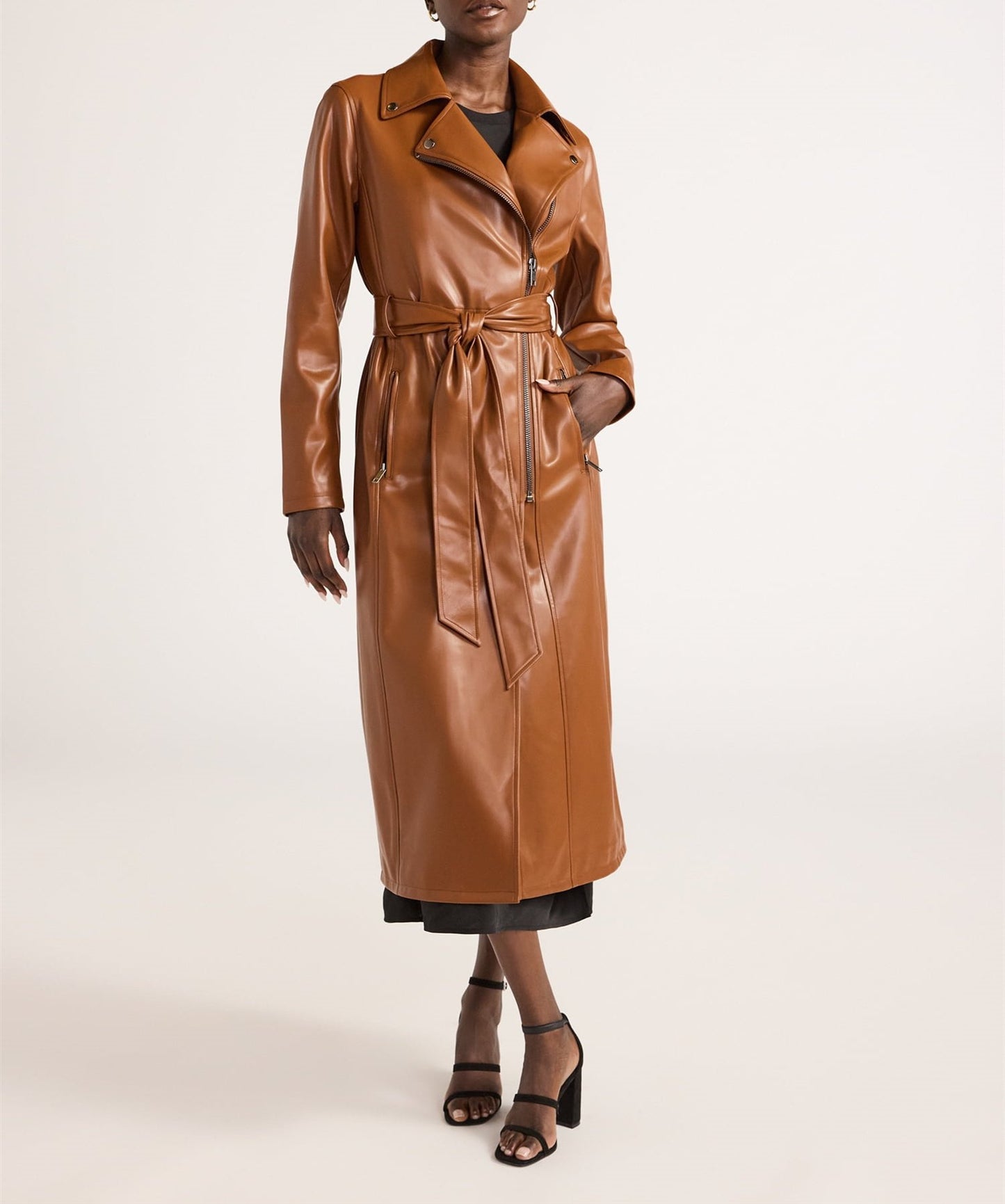Long Drawstring Lapel Leather Jacket