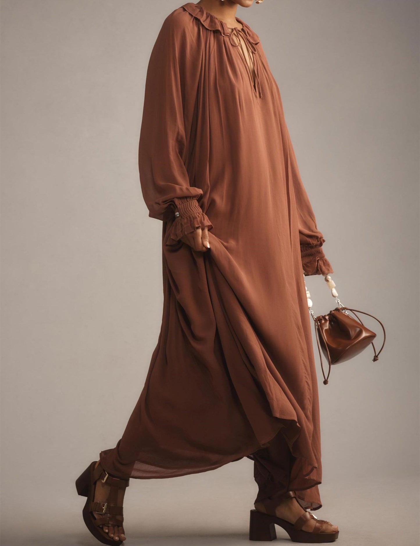 Elegant Solid Color Drawstring Maxi Dress