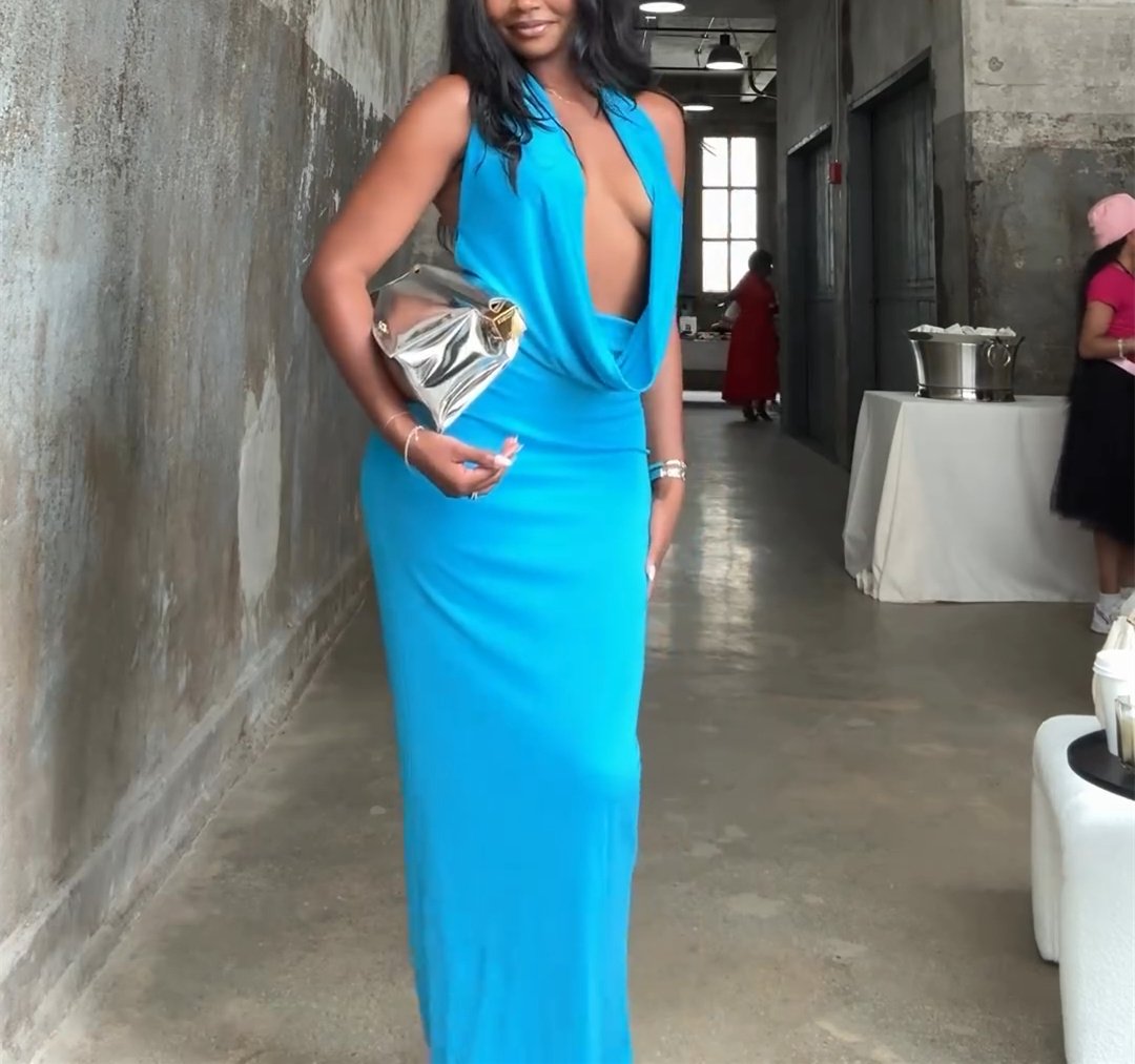 Blue Backless Deep V Maxi Dress