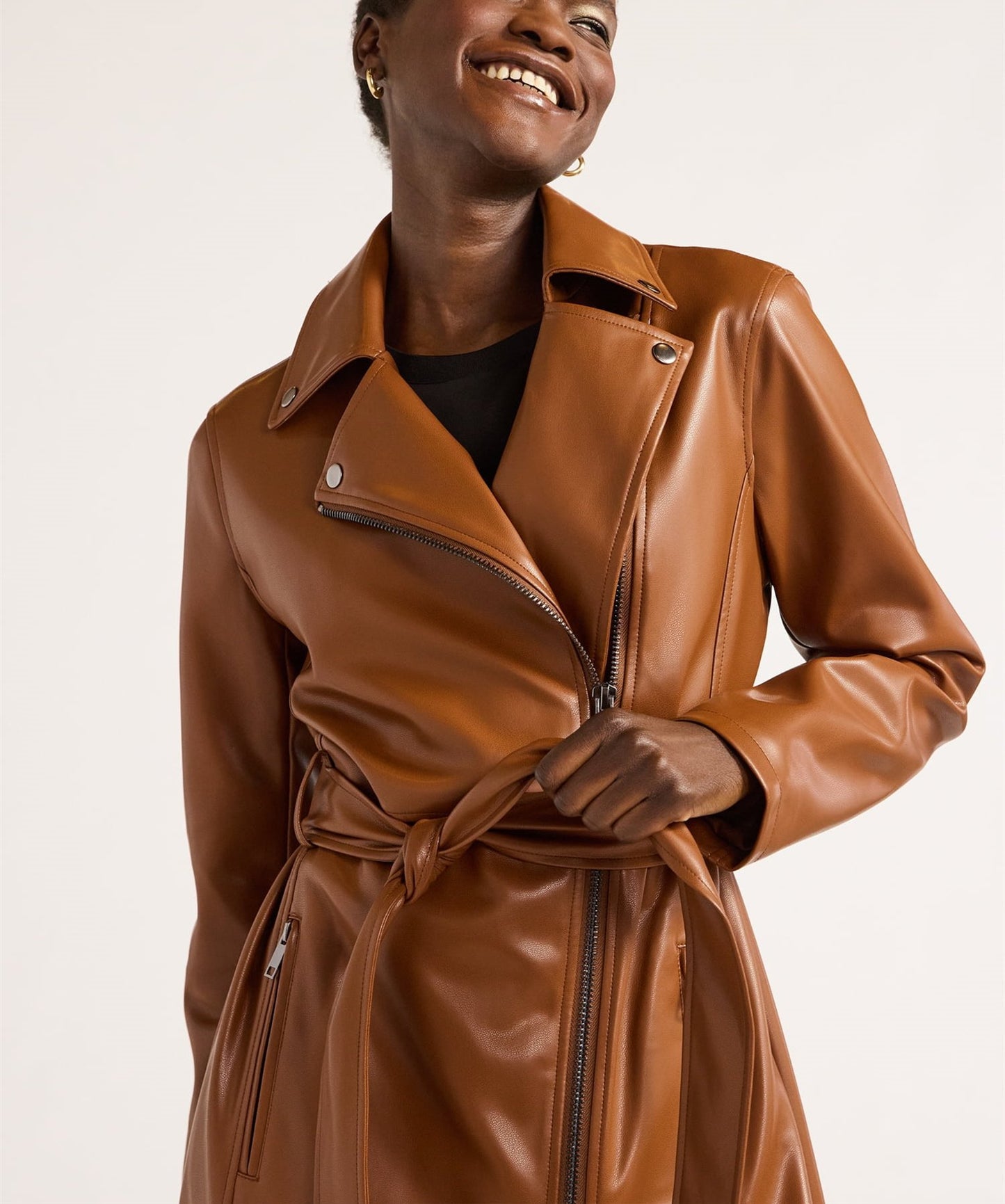 Long Drawstring Lapel Leather Jacket