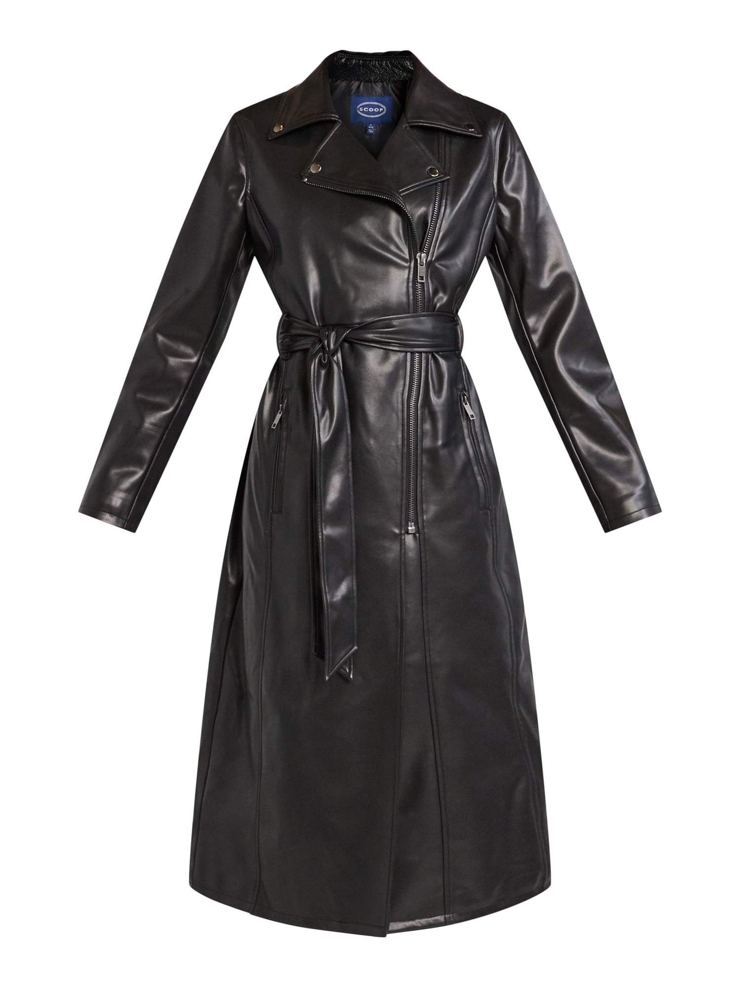 Long Drawstring Lapel Leather Jacket