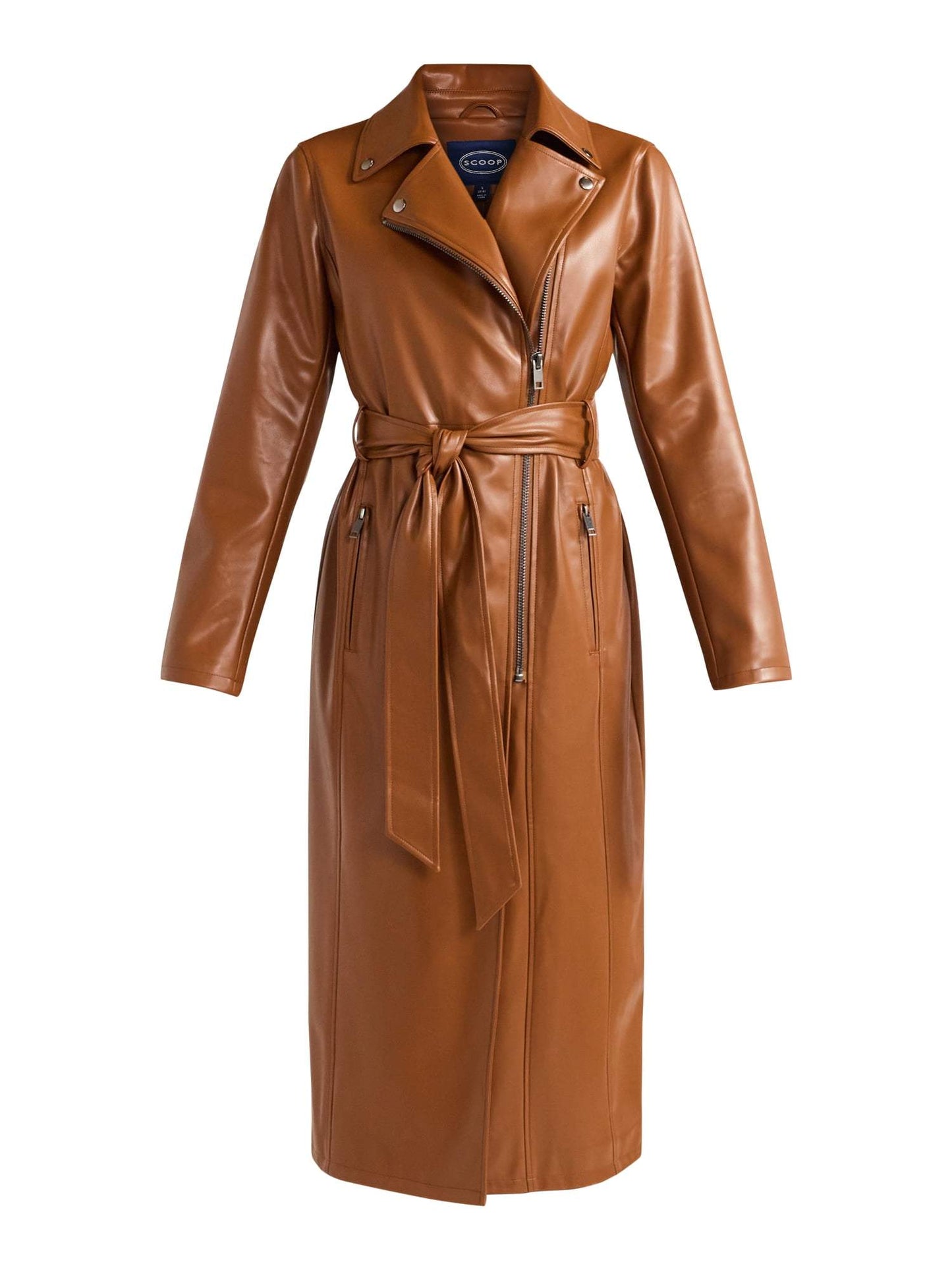 Long Drawstring Lapel Leather Jacket