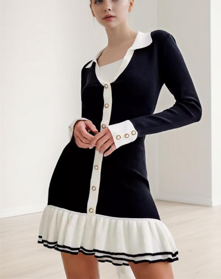 Black and White Buttoned Lace-Up Dress