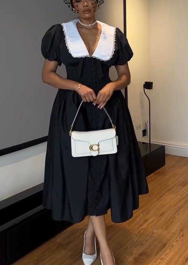 V Neck White Side Black Maxi Dress