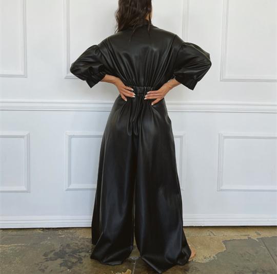 Leather V-neck Jumpsuit