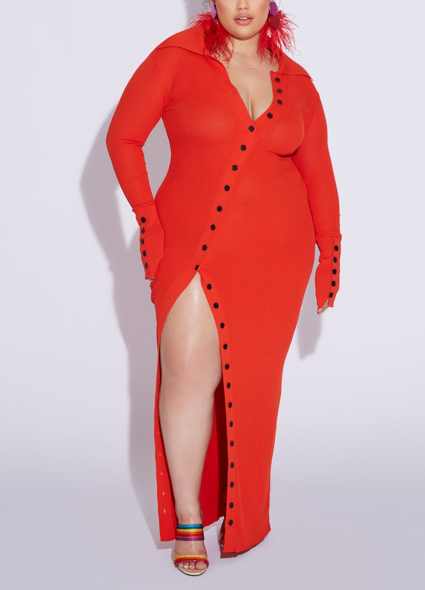 Red Black Button Sweater Dress