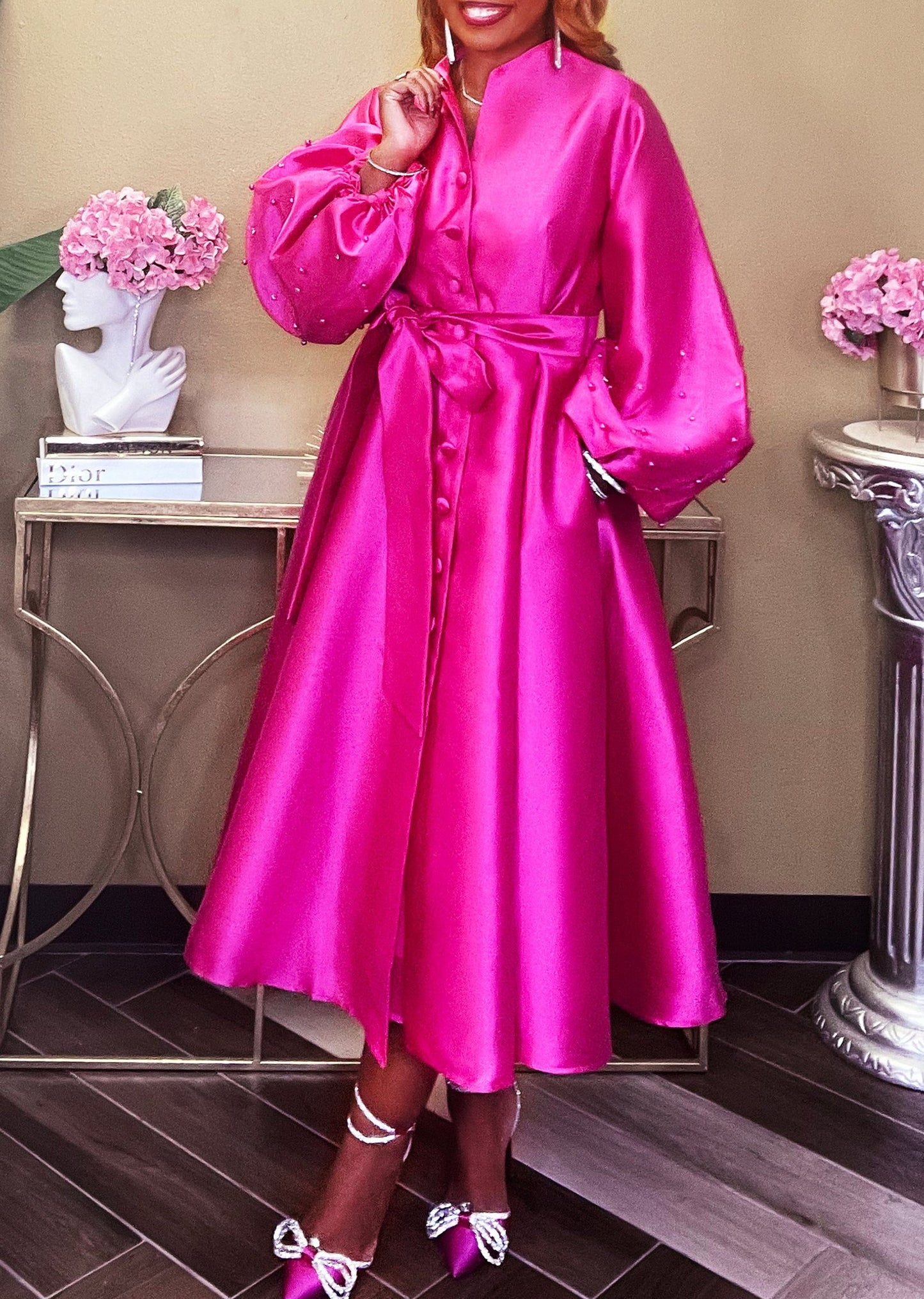 Solid Color Cubic Flower Pink Dress