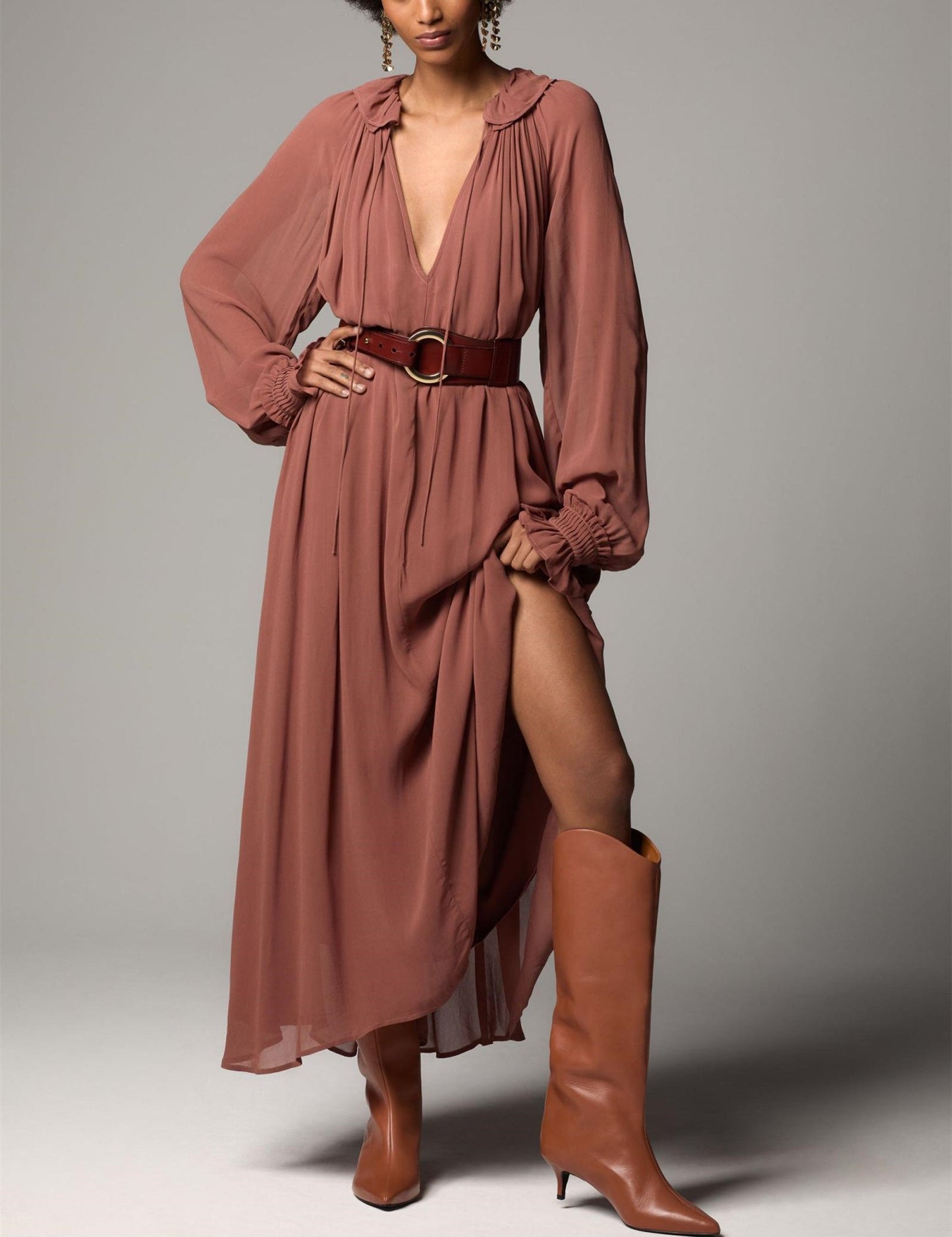 Elegant Solid Color Drawstring Maxi Dress