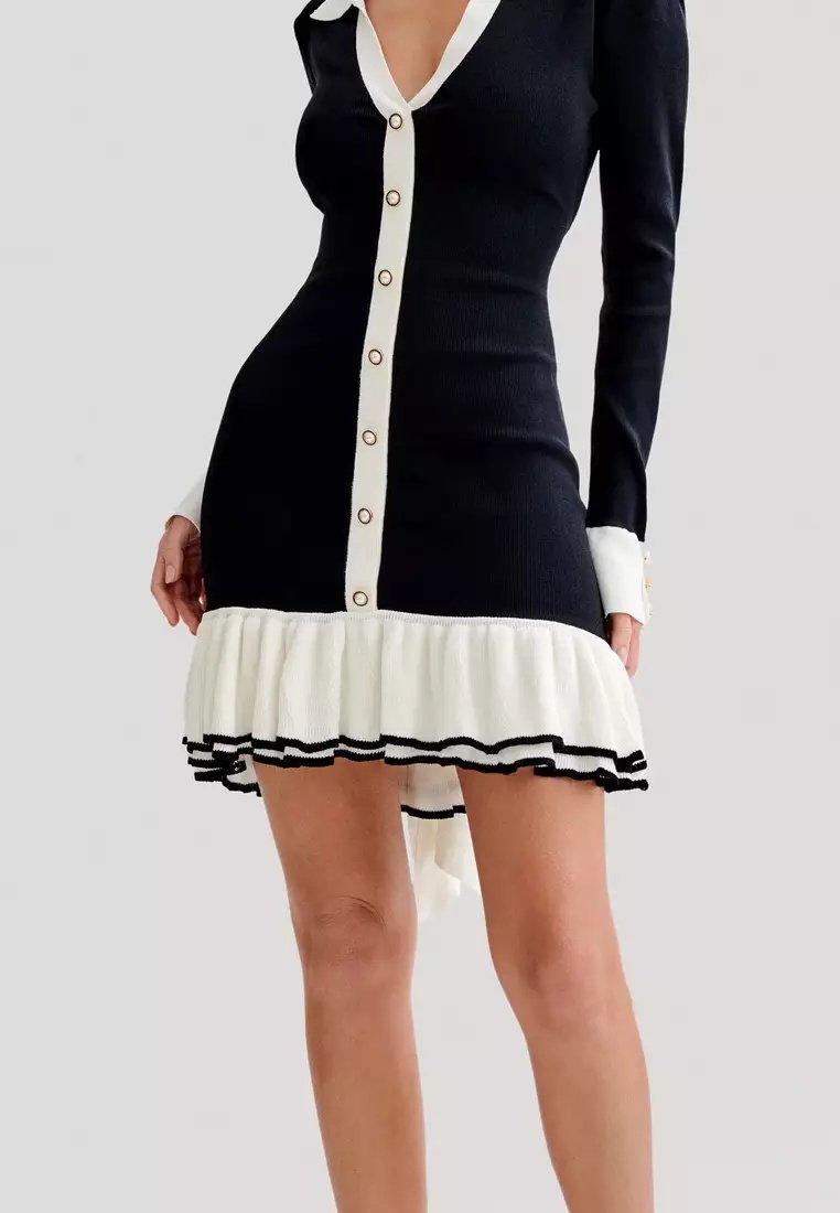Black and White Buttoned Lace-Up Dress