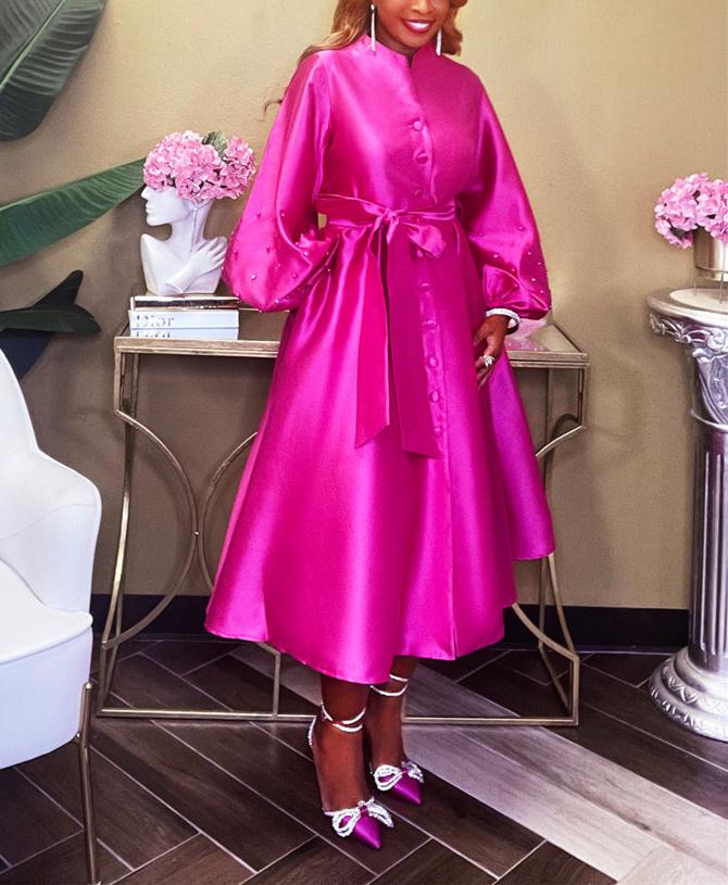 Solid Color Cubic Flower Pink Dress