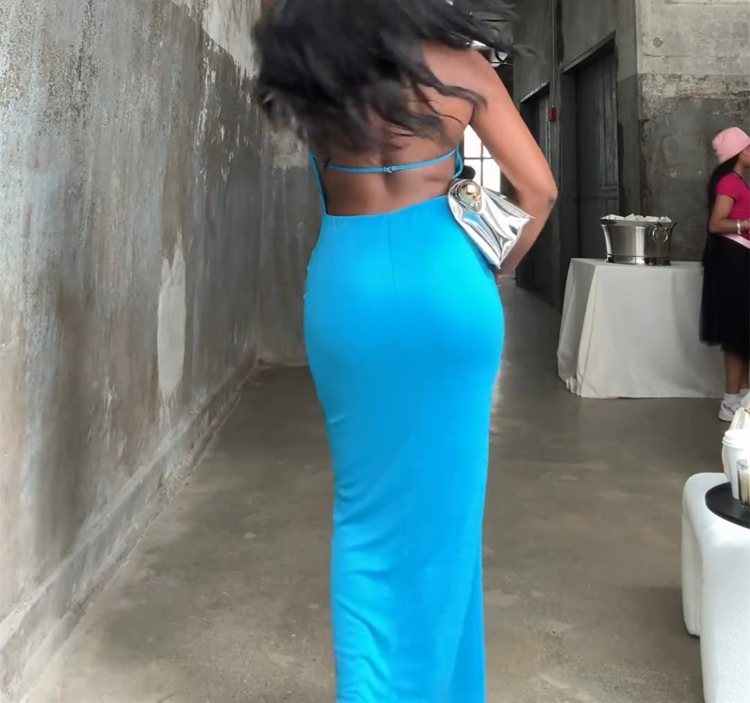 Blue Backless Deep V Maxi Dress