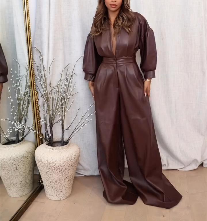Leather V-neck Jumpsuit