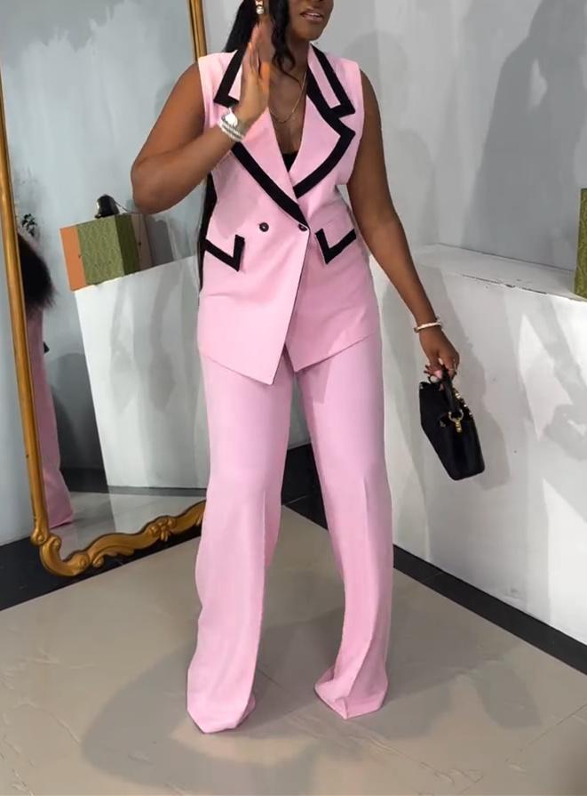 Pink Sleeveless Black Stripe Set