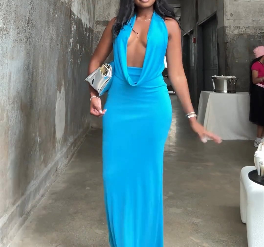 Blue Backless Deep V Maxi Dress