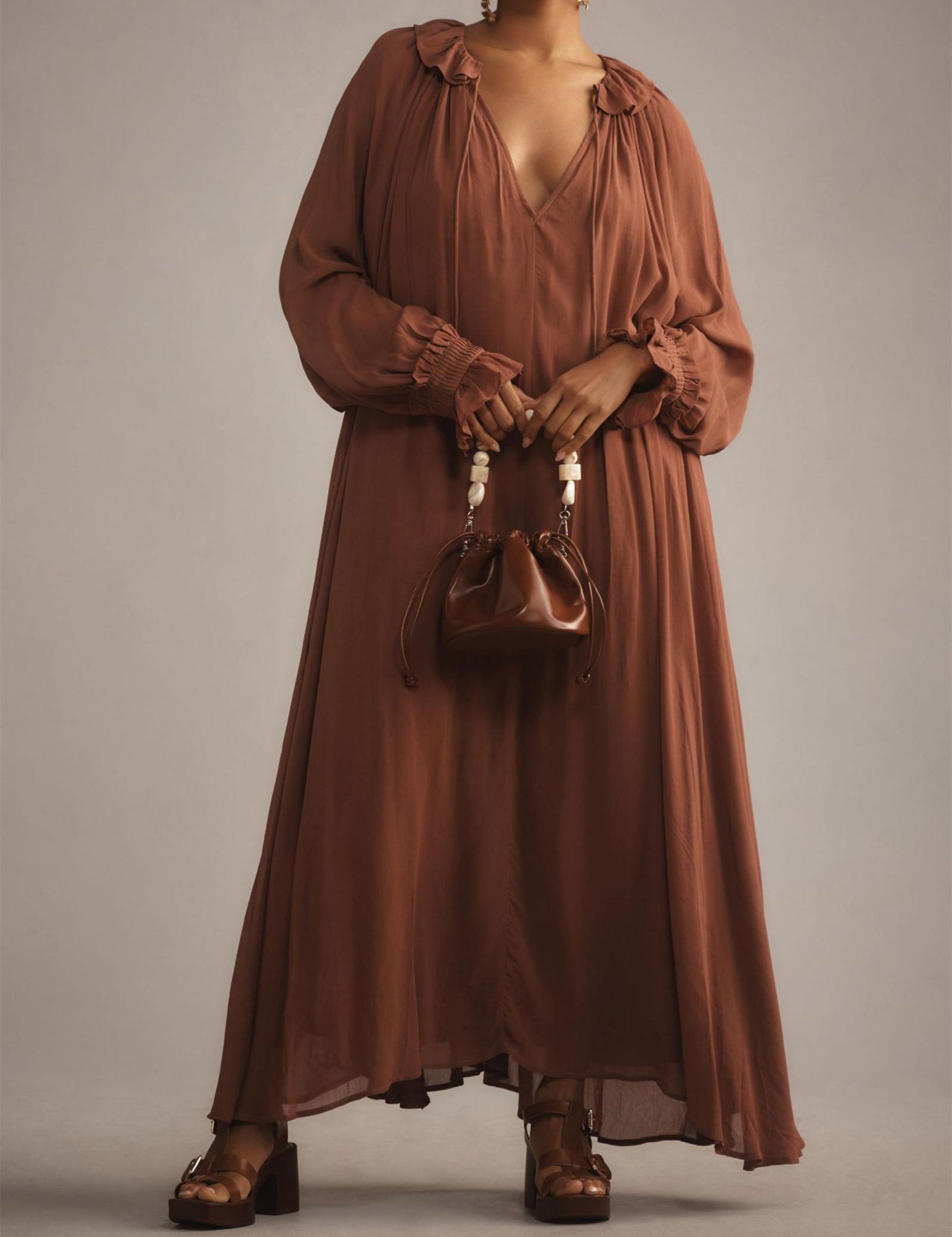 Elegant Solid Color Drawstring Maxi Dress