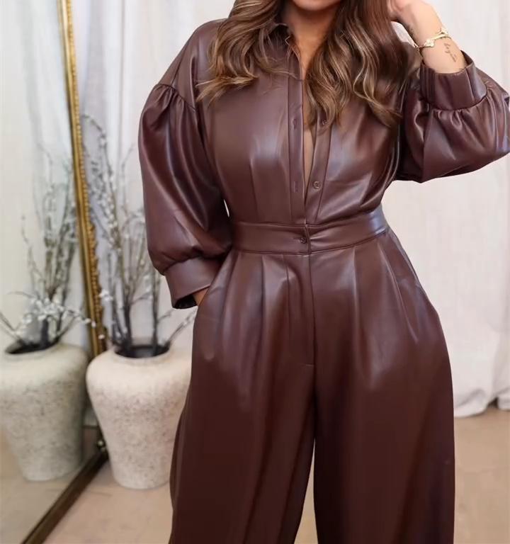 Leather V-neck Jumpsuit